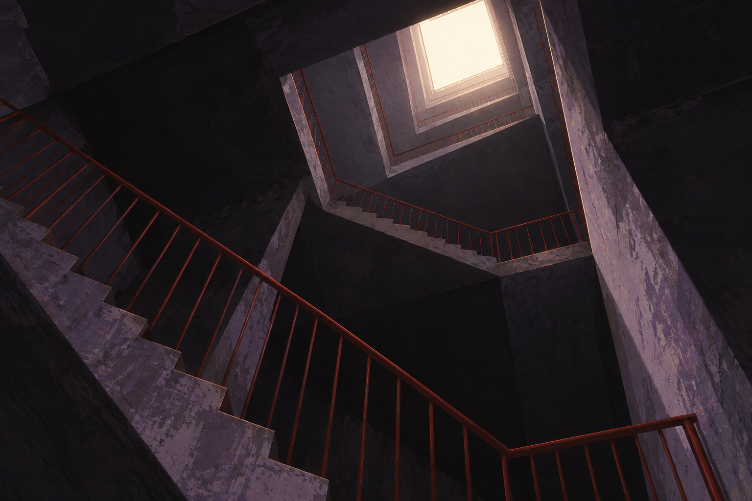 an original illustration of an empty stairwell, red railings cutting through deep shadow toward a rectangle of light